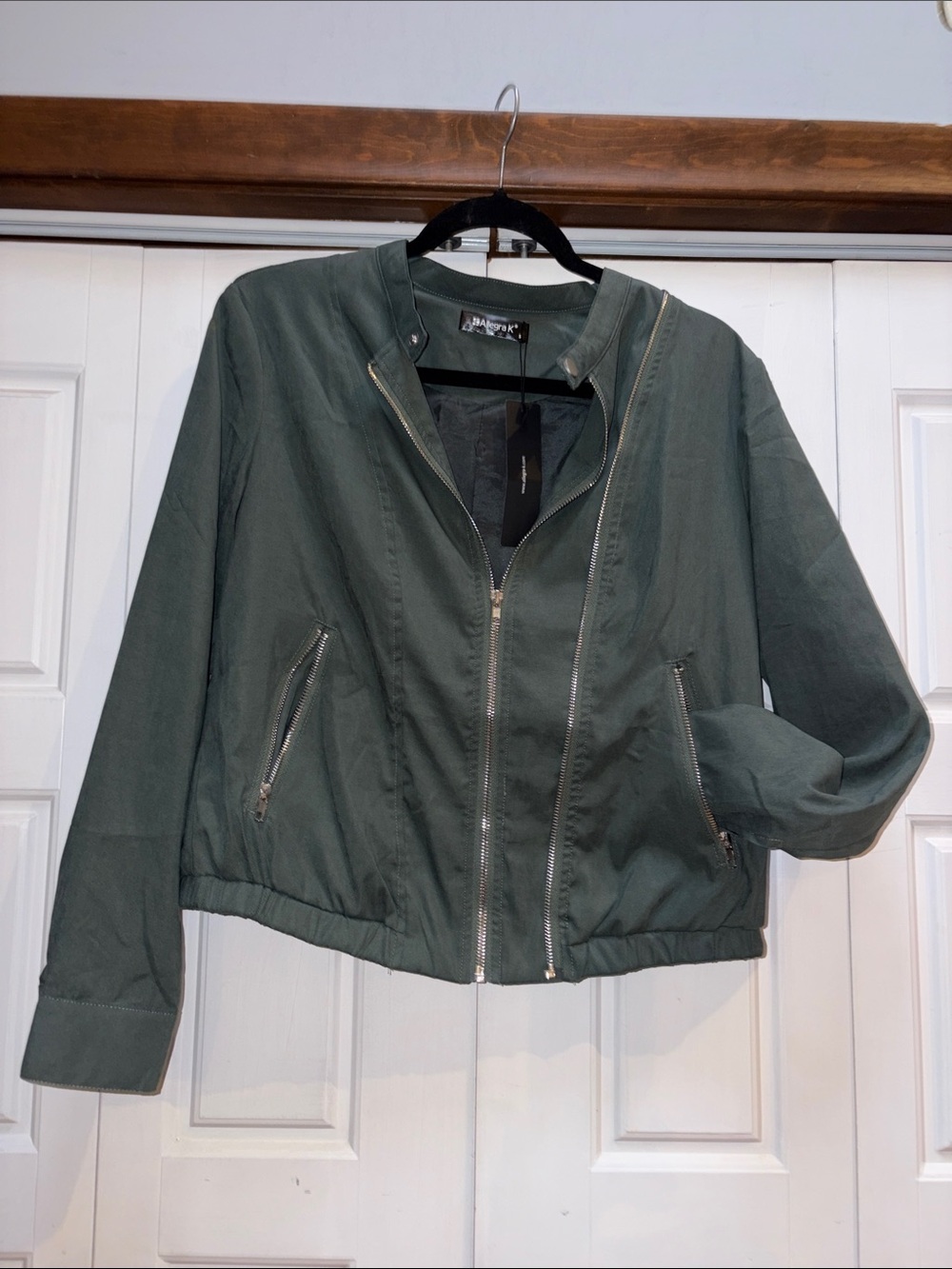 Allegra K Olive Green Bomber Jacket with Silver Zippers